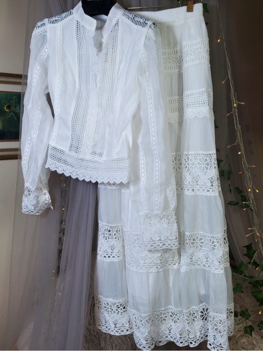 Commense White Crochet Lace Maxi set Long Sleeves - Picture 4 of 9